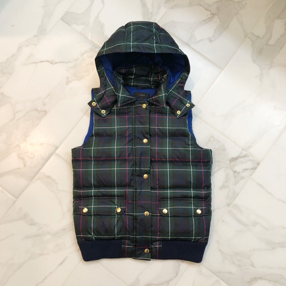 J. Crew Plaid Down Hooded Vest